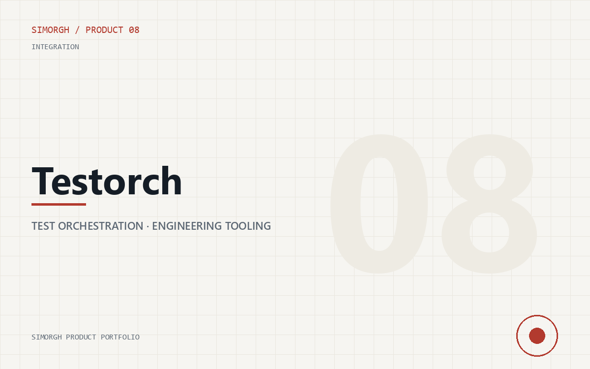 Typographic Testorch product cover with an integration-status marker.