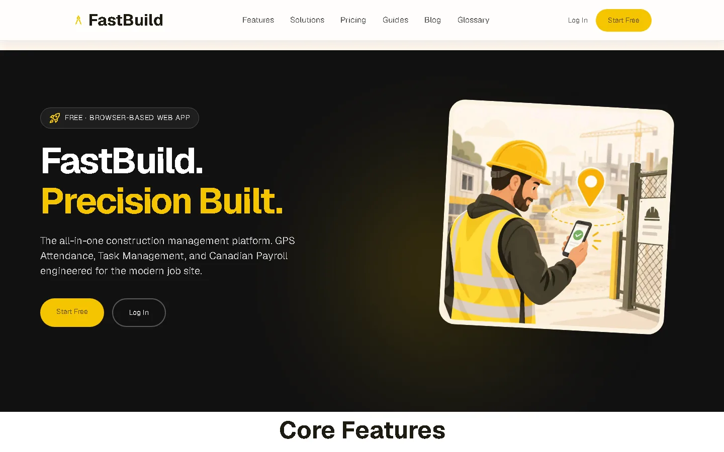 FastBuild public product website showing construction workforce and field operations capabilities.